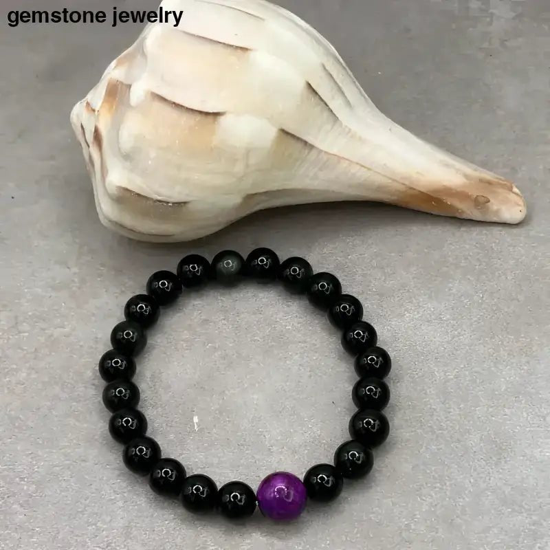 Mens Obsidian Bracelet with Black Beads and Purple Accent - Bec Sue Jewelry Shop