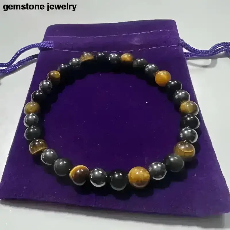 Mens spiritual Bracelet | Handmade Tiger Eye Stretch Bracelet with Hematite obsidian - Bec Sue Jewelry Shop
