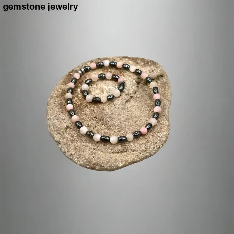 Pearl Pink Beaded Necklace with Hematite Bracelet and Ring - Bec Sue Jewelry Shop