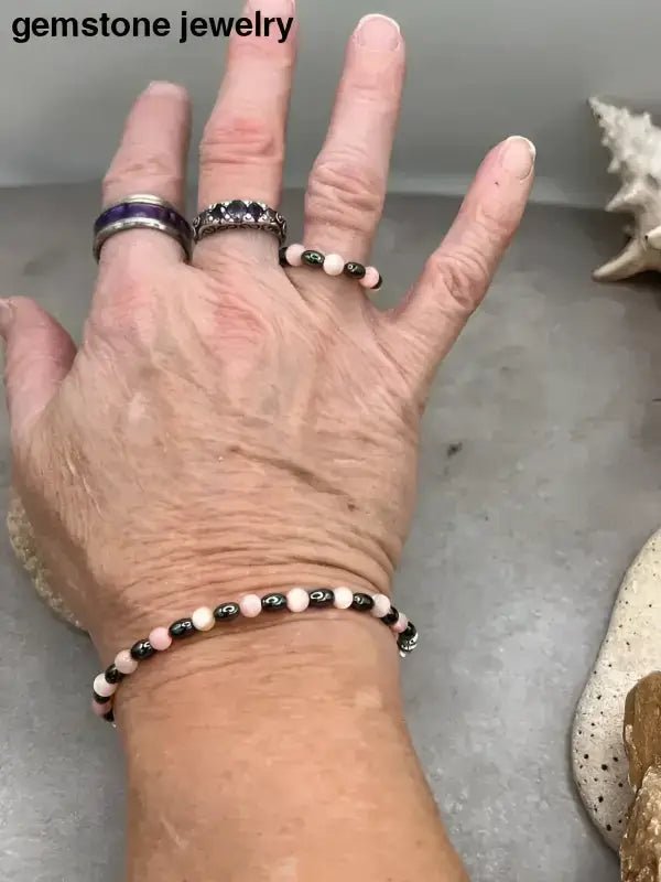Pearl Pink Beaded Necklace with Hematite Bracelet and Ring - Bec Sue Jewelry Shop