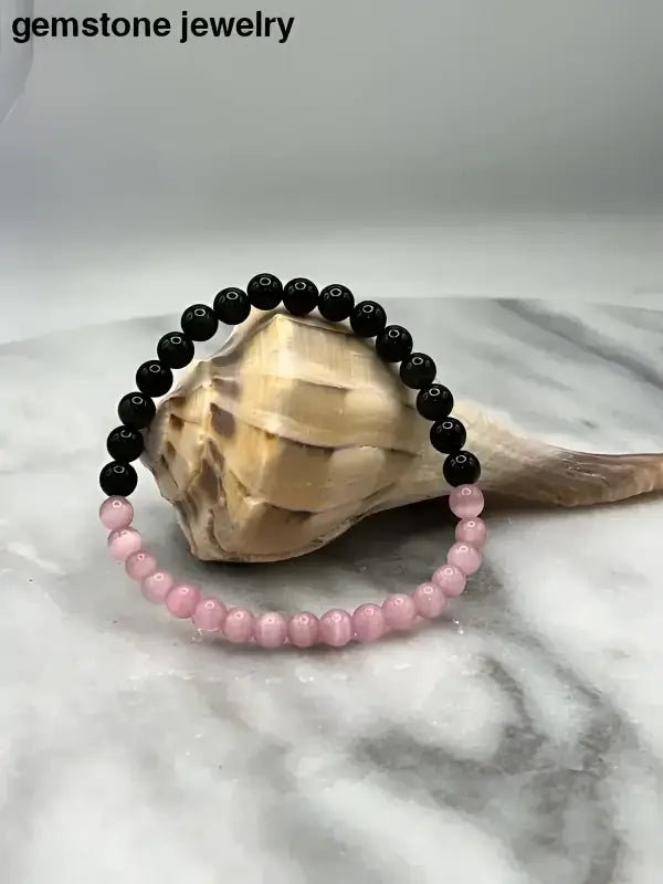 Pink Cats Eye and Black Beaded Bracelet - Bec Sue Jewelry Shop