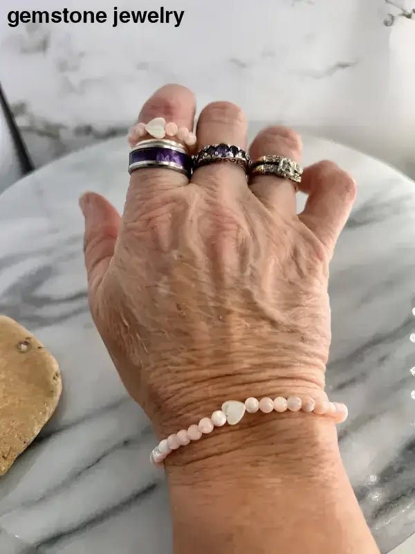 Pink Gemstone Beaded Jewelry Set with White Pearl Heart Accent - Bec Sue Jewelry Shop