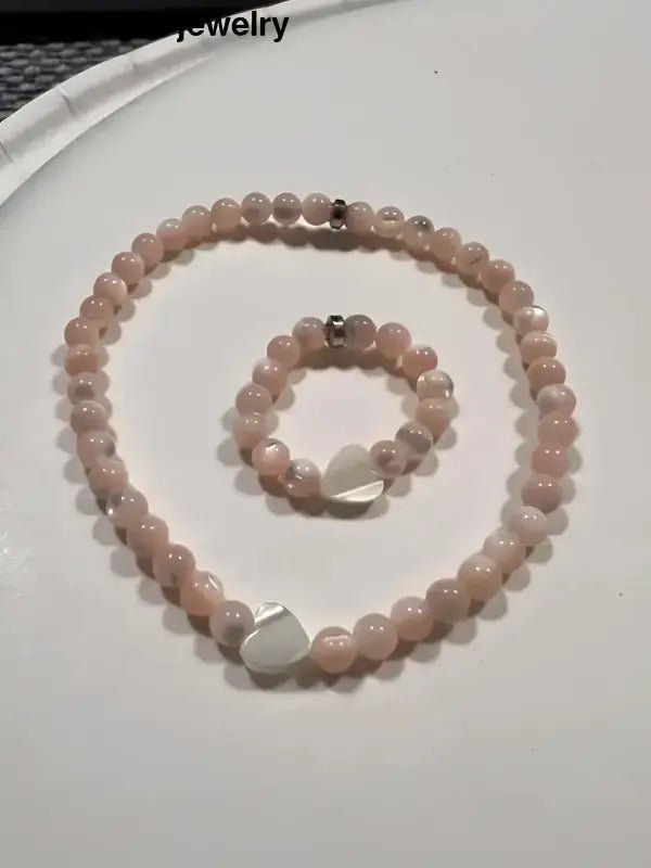 Pink Gemstone Beaded Jewelry Set with White Pearl Heart Accent - Bec Sue Jewelry Shop