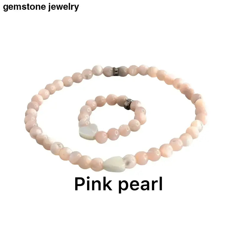 Pink Gemstone Beaded Jewelry Set with White Pearl Heart Accent - Bec Sue Jewelry Shop