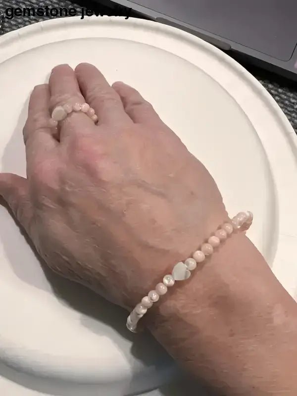 Pink Gemstone Beaded Jewelry Set with White Pearl Heart Accent - Bec Sue Jewelry Shop