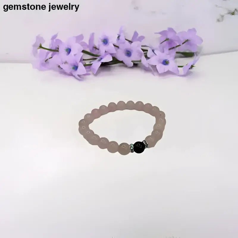 Pink Rose Quartz Bracelet with Black Accent Bead - Bec Sue Jewelry Shop