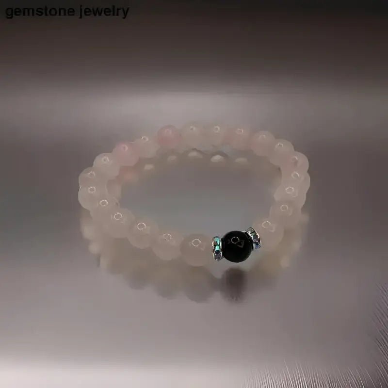 Pink Rose Quartz Bracelet with Black Accent Bead - Bec Sue Jewelry Shop