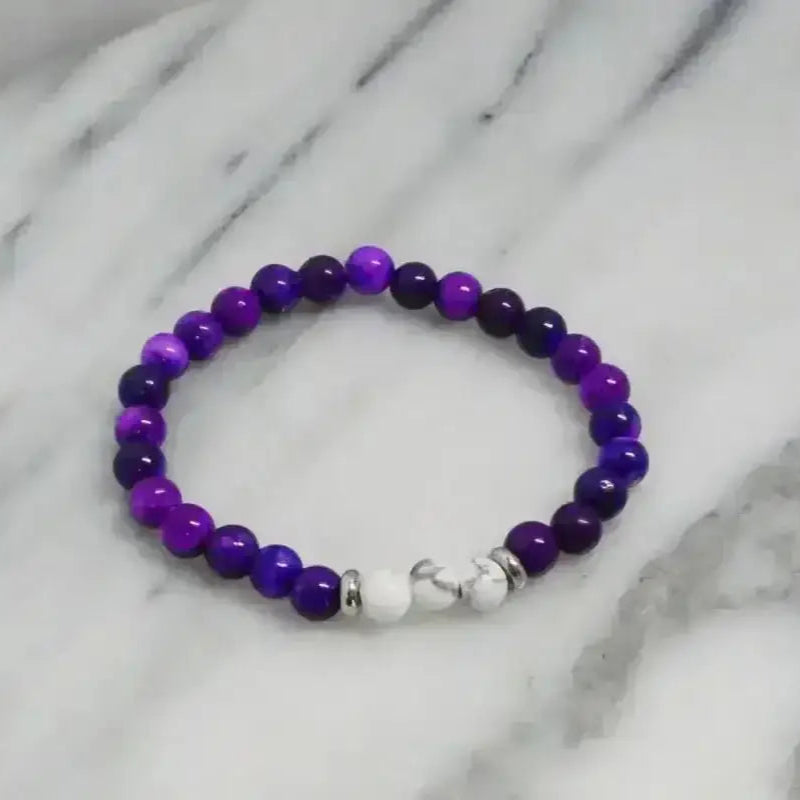 Purple and White Howlite Stretch Bracelet with Metallic Accents - Bec Sue Jewelry Shop