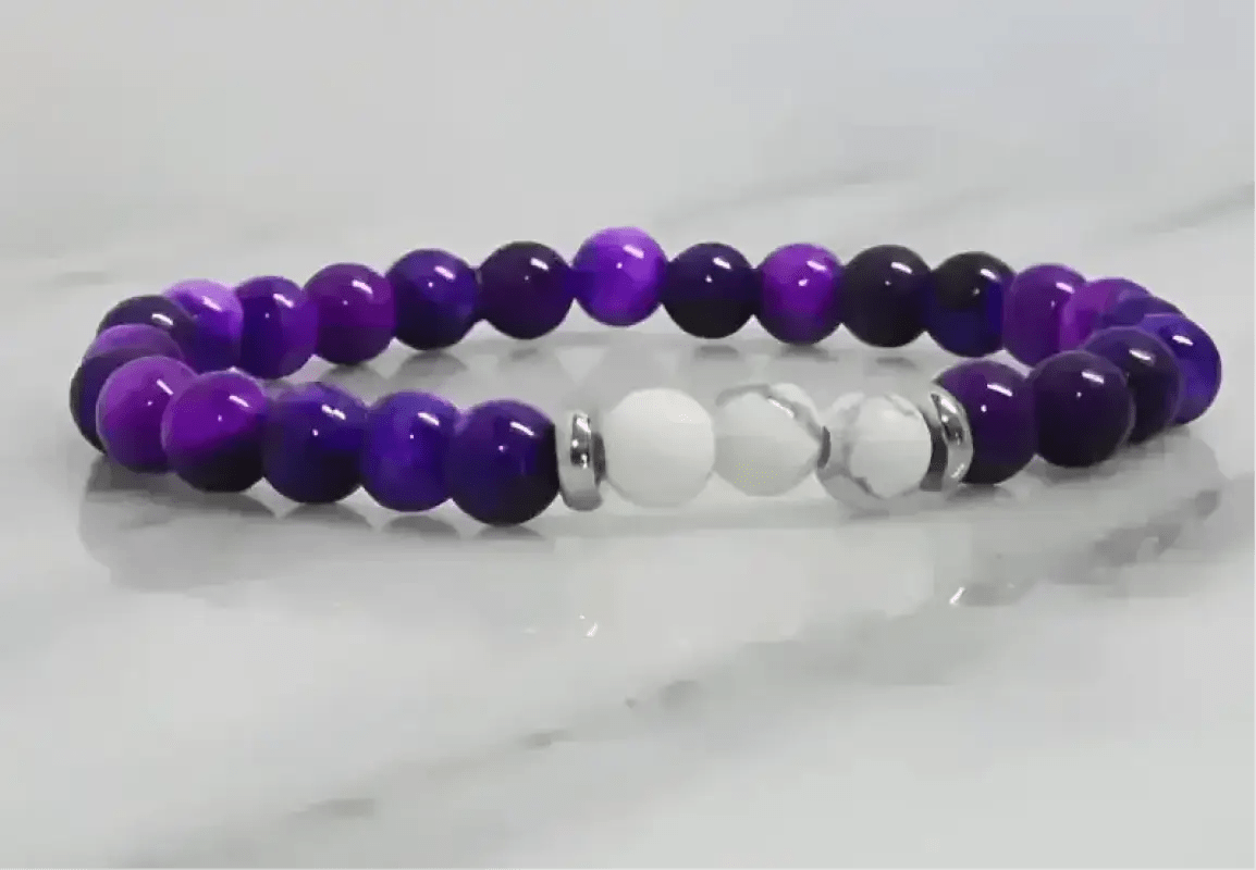Purple and White Howlite Stretch Bracelet with Metallic Accents - Bec Sue Jewelry Shop