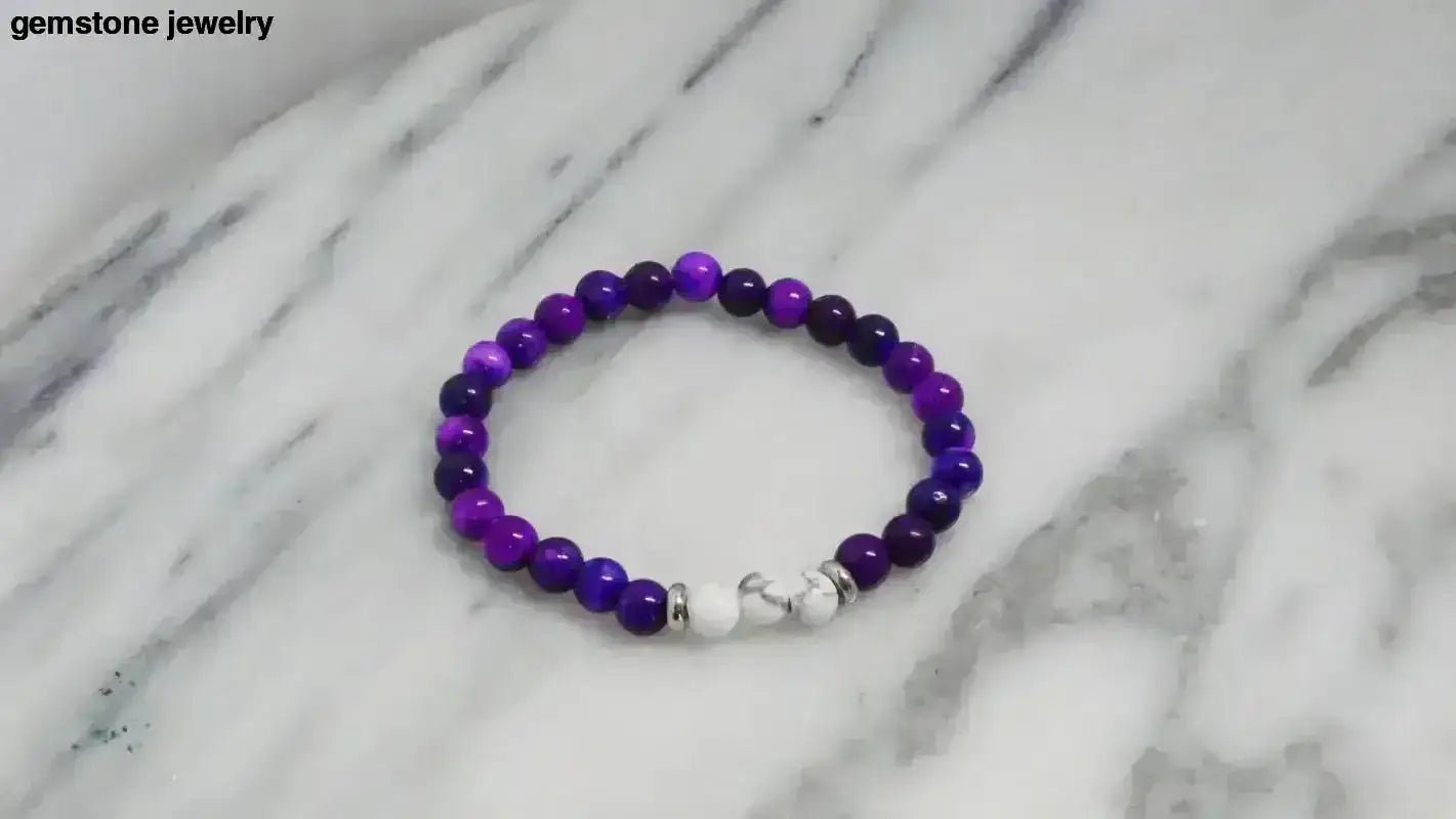 Purple and White Howlite Stretch Bracelet with Metallic Accents - Bec Sue Jewelry Shop