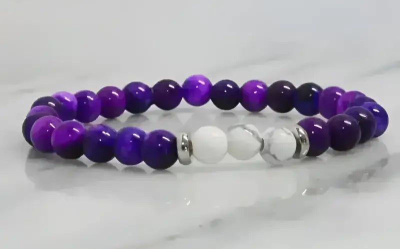 Purple and White Howlite Stretch Bracelet with Metallic Accents - Bec Sue Jewelry Shop