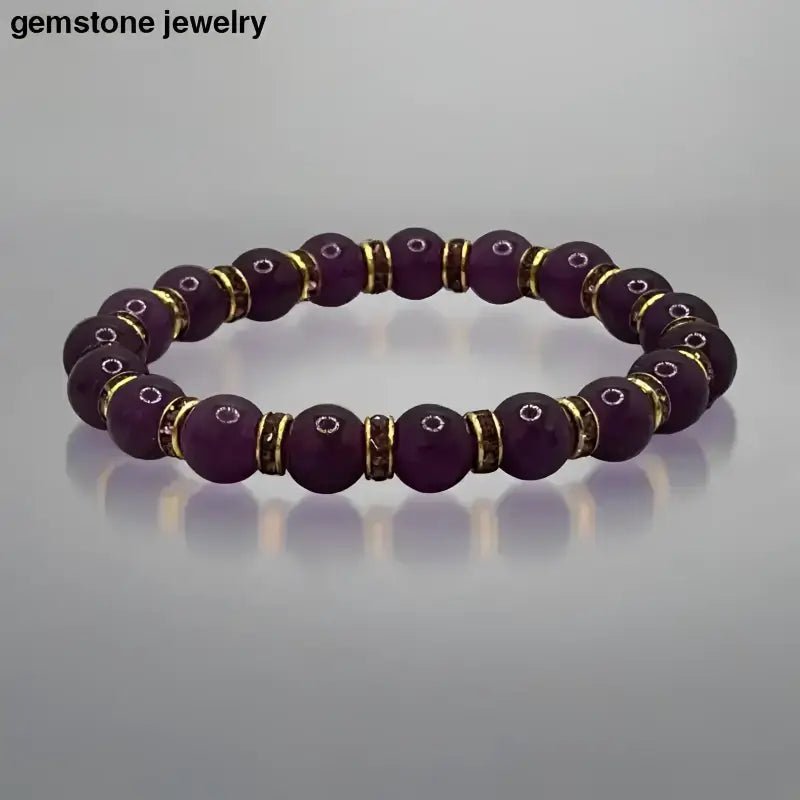 Purple Beaded Stretch Bracelet with Gold Rhinestone Spacer Beads - Bec Sue Jewelry Shop