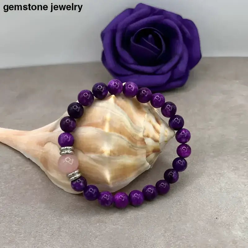 Purple Gemstone Bracelet with 10mm Rose Quartz Center Bead - Bec Sue Jewelry Shop