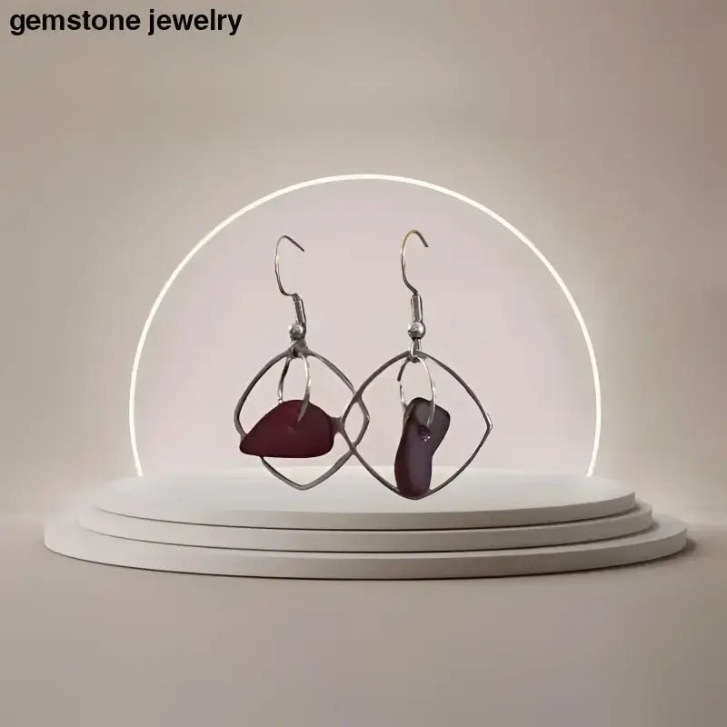 Red Glass Earrings with Silver Frames, Sea Glass Earrings - Bec Sue Jewelry Shop