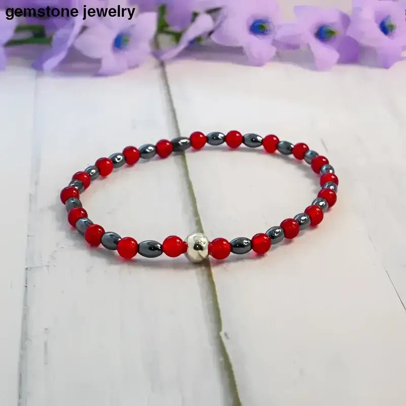 Red Hematite Beaded Stretch Bracelet with Silver Accent - Bec Sue Jewelry Shop