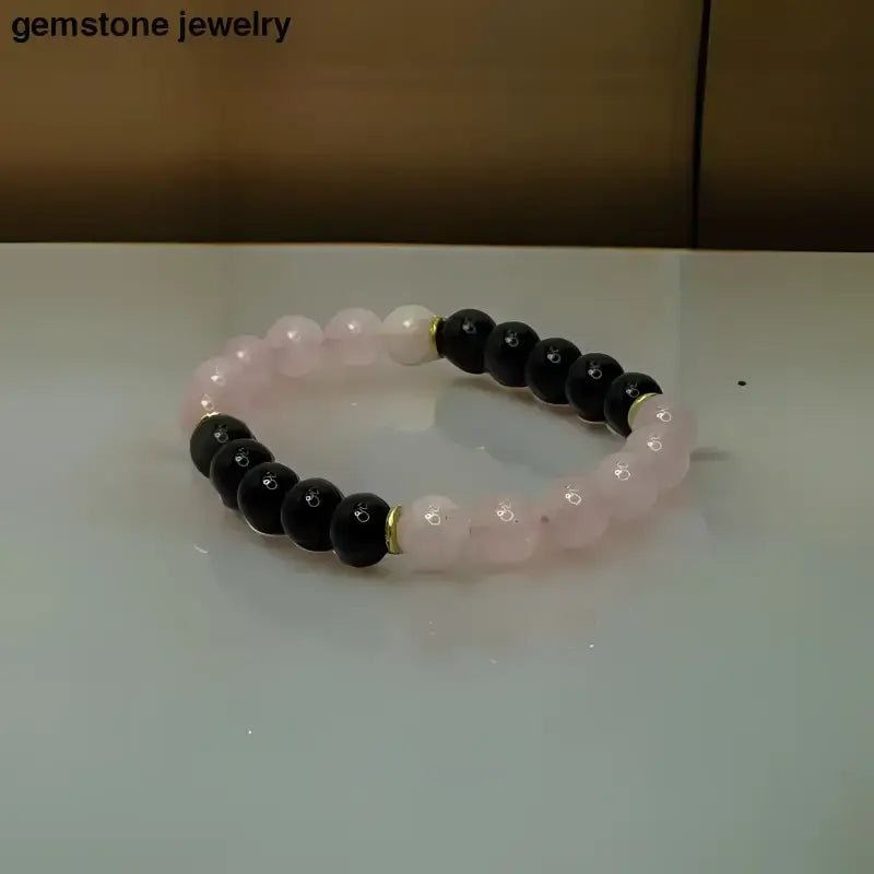 Rose Quartz and Black Onyx Bracelet with Gold Spacers for Wrist Size - Bec Sue Jewelry Shop