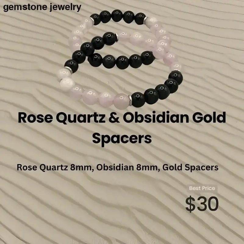 Rose Quartz and Black Onyx Bracelet with Gold Spacers for Wrist Size - Bec Sue Jewelry Shop