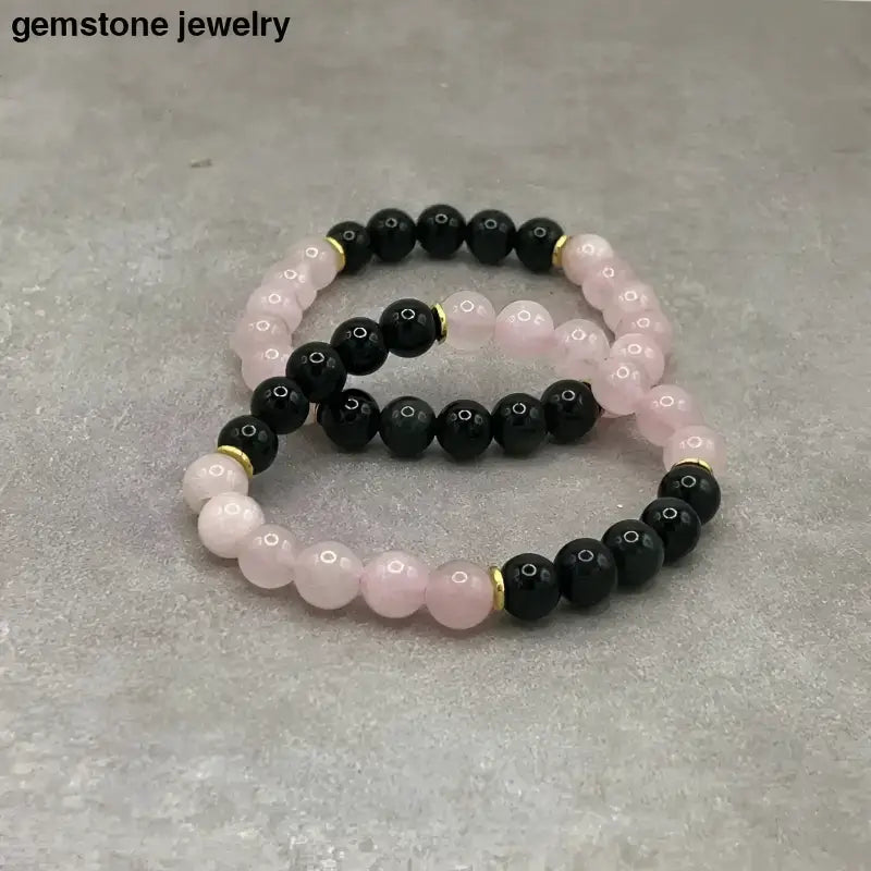 Rose Quartz and Black Onyx Bracelet with Gold Spacers for Wrist Size - Bec Sue Jewelry Shop