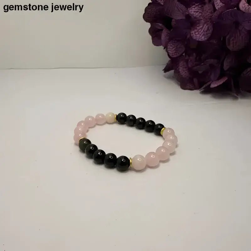 Rose Quartz and Black Onyx Bracelet with Gold Spacers for Wrist Size - Bec Sue Jewelry Shop