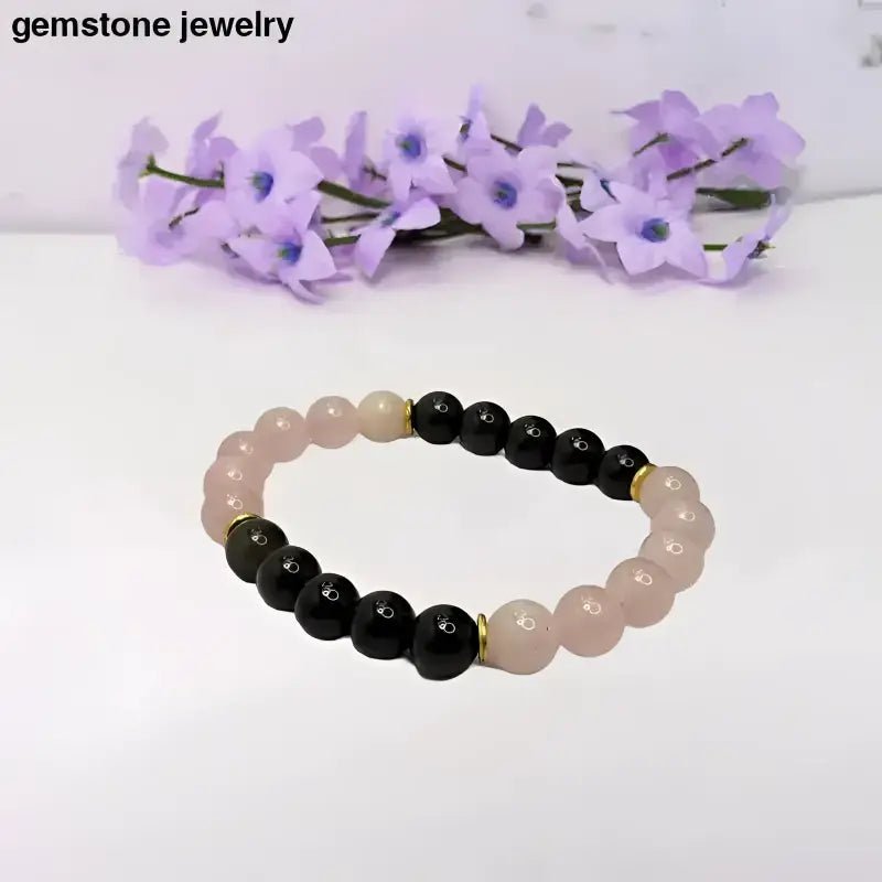 Rose Quartz and Black Onyx Bracelet with Gold Spacers for Wrist Size - Bec Sue Jewelry Shop
