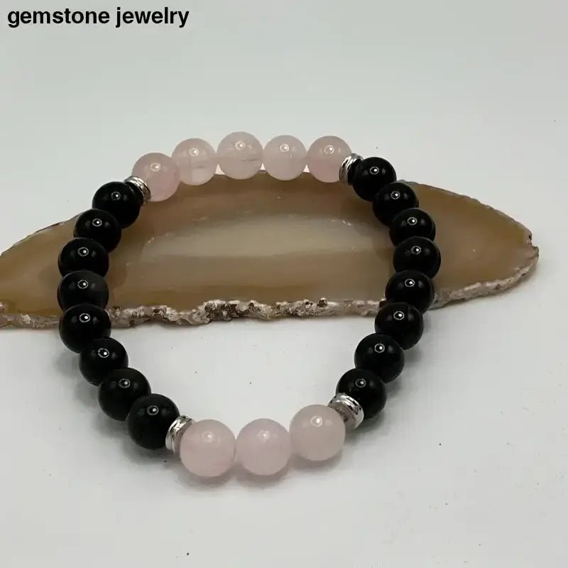 Rose Quartz and Obsidian Beaded Gemstone Bracelet - Bec Sue Jewelry Shop