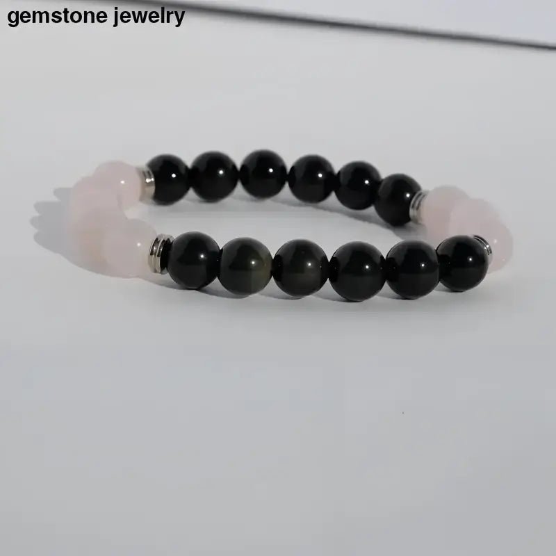Rose Quartz and Obsidian Beaded Gemstone Bracelet - Bec Sue Jewelry Shop