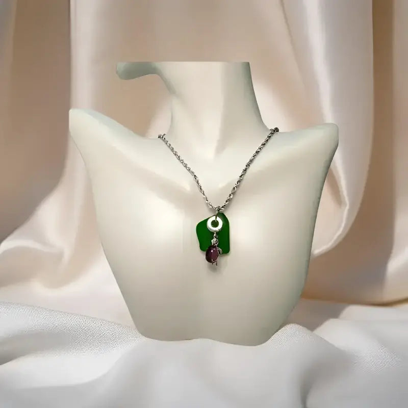 Green genuine sea glass pendant on Silver Turtle Necklace showcasing handcrafted sea glass pendant
