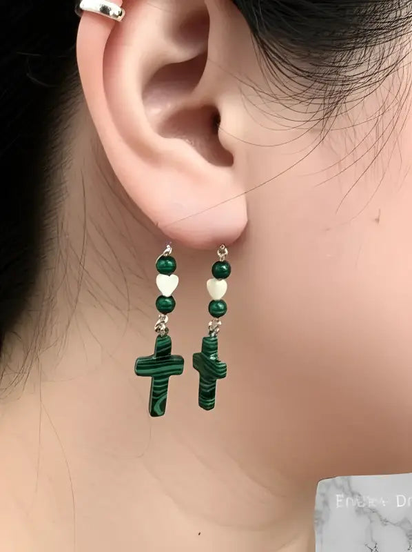 Sterling Silver Malachite Cross Earrings with Heart Design featuring green crosses