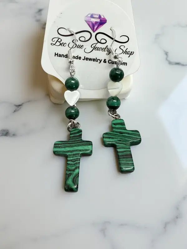 Sterling Silver Malachite Cross Earrings with Heart Design - Bec Sue Jewelry Shop
