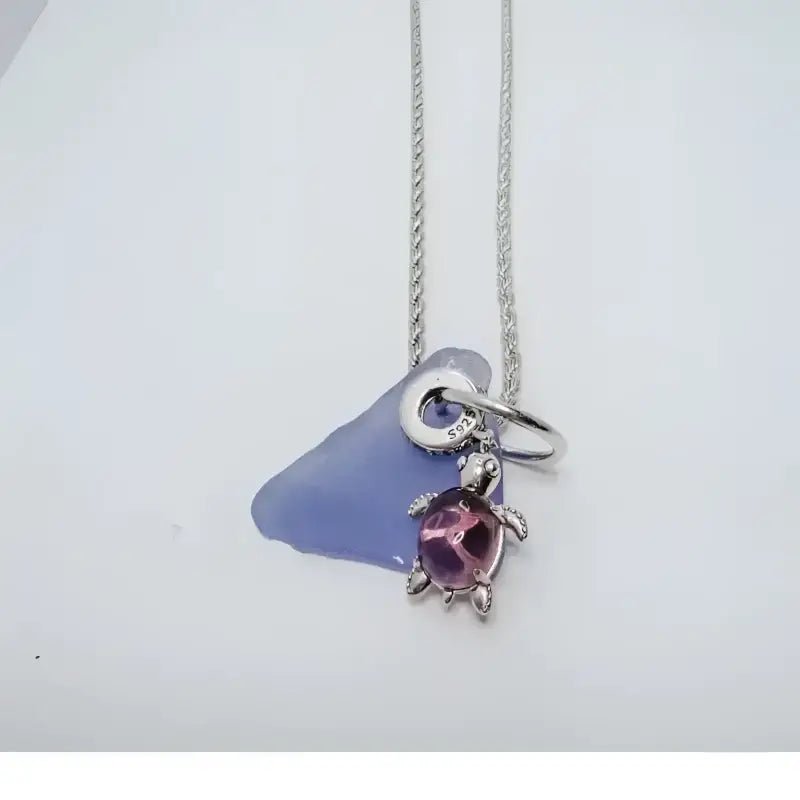 Teal Sea Glass Turtle Necklace with Gemstone Charm - Bec Sue Jewelry Shop