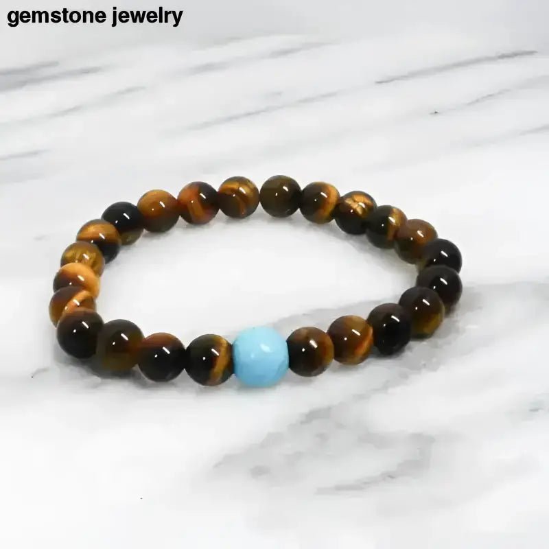 Tiger Eye Bead Bracelet with Turquoise Accent for Men - Bec Sue Jewelry Shop