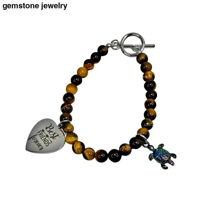 Tiger Eye Beaded Bracelet with Heart and Turtle Charms - Bec Sue Jewelry Shop