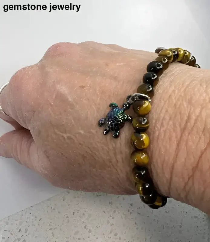 Tiger Eye Beaded Bracelet with Heart and Turtle Charms - Bec Sue Jewelry Shop