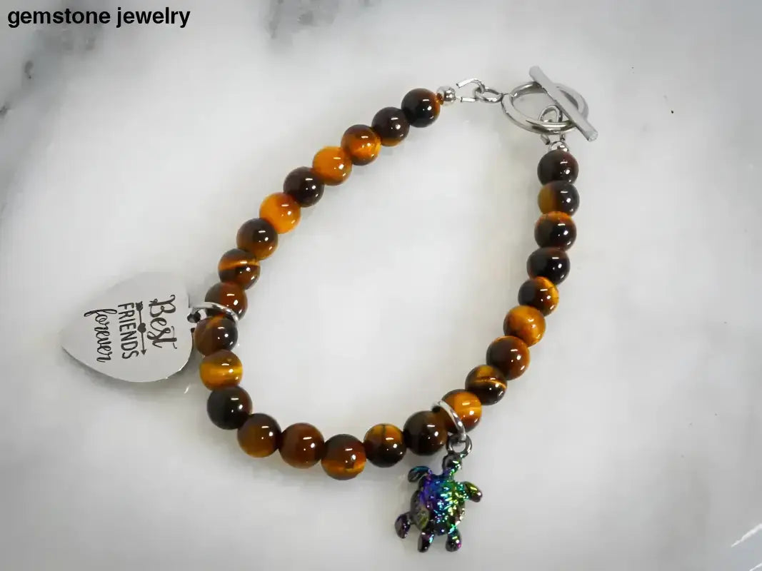 Tiger Eye Beaded Bracelet with Heart and Turtle Charms - Bec Sue Jewelry Shop