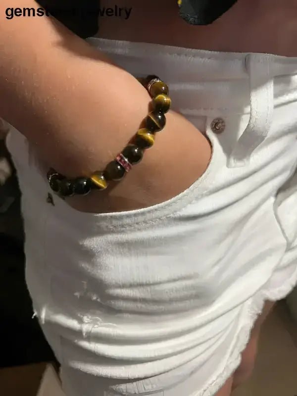 Tiger Eye Bracelet with Pink Rhinestone Accents - Bec Sue Jewelry Shop