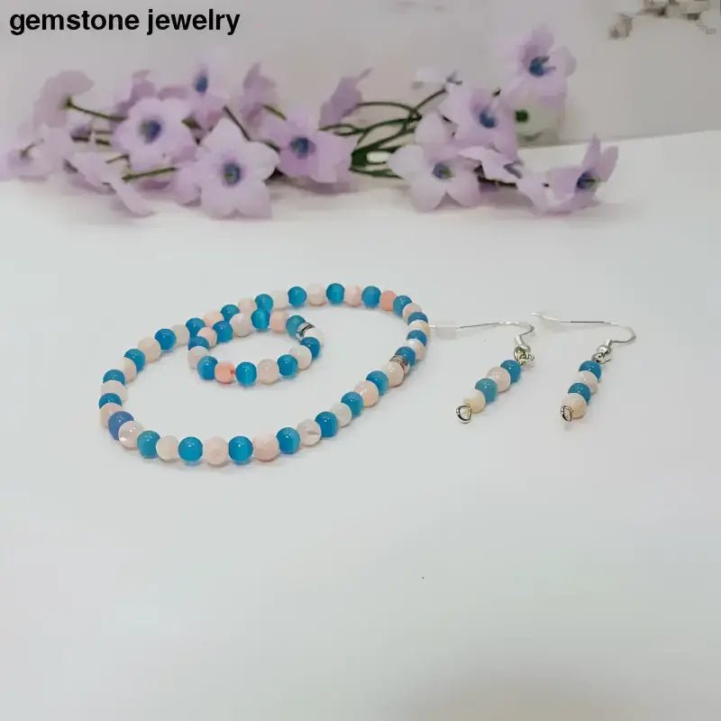 Turquoise and Pink Beaded Jewelry Set with Periwinkle Blue Accents - Bec Sue Jewelry Shop