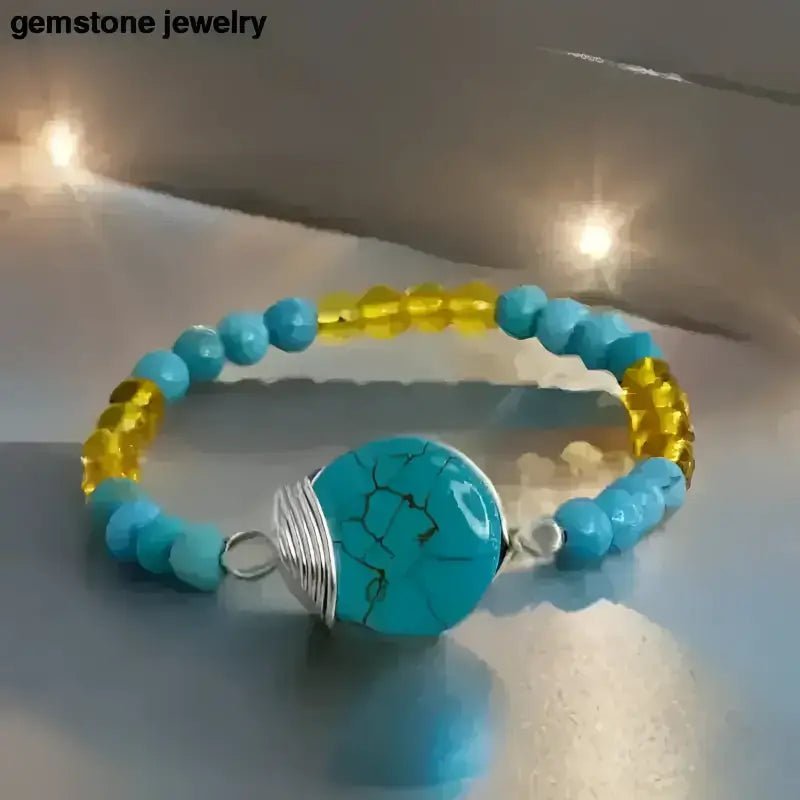 Turquoise and Yellow Citrine Beaded Stretch Bracelet - Bec Sue Jewelry Shop