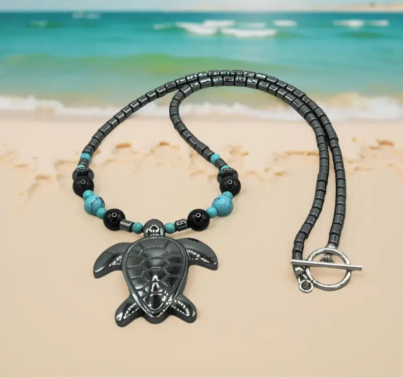 Turquoise Bead Necklace and Bracelet Set with Sterling Silver Turtle Pendant showcased