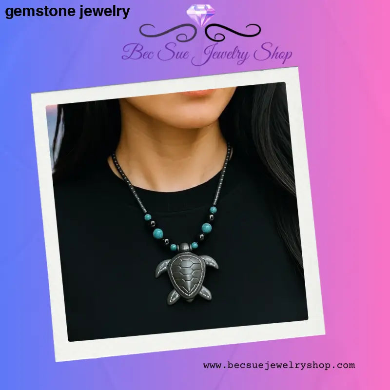Turquoise bead necklace with sterling silver turtle pendant and matching bracelet set