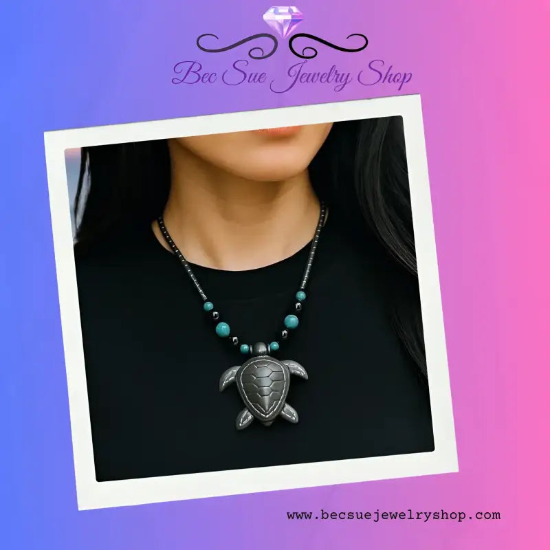 Turquoise bead necklace with sterling silver turtle pendant and matching bracelet set