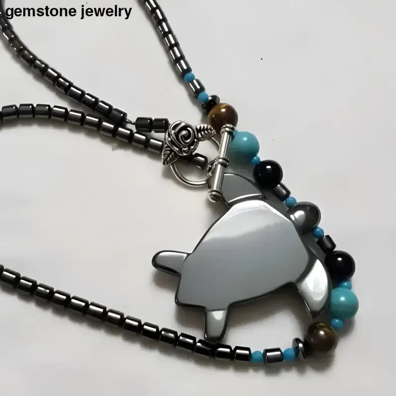 Turquoise Bead Necklace and Bracelet Set with Sterling Silver Turtle Pendant - Bec Sue Jewelry Shop