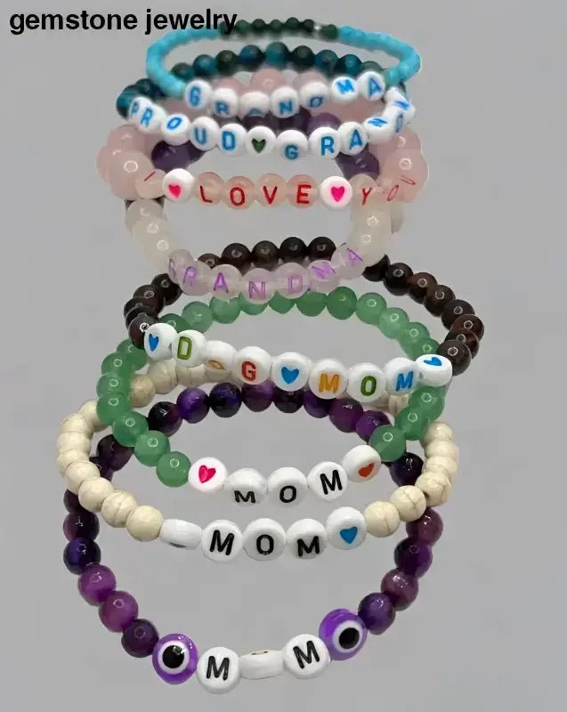 Turquoise Beaded Bracelet with Letter and Dark Accent Beads - Bec Sue Jewelry Shop