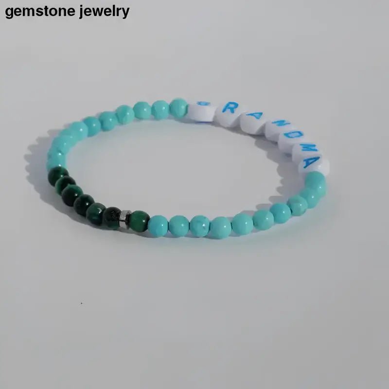 Turquoise Beaded Bracelet with Letter and Dark Accent Beads - Bec Sue Jewelry Shop