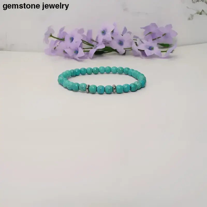 Turquoise Beaded Stretch Bracelet with Silver Spacer Beads - Bec Sue Jewelry Shop