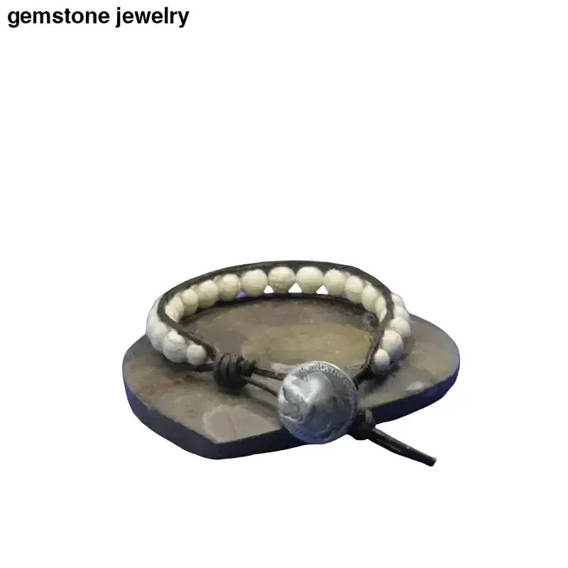 Turquoise Bracelet with Brown Leather and Beaded Gemstones - Bec Sue Jewelry Shop