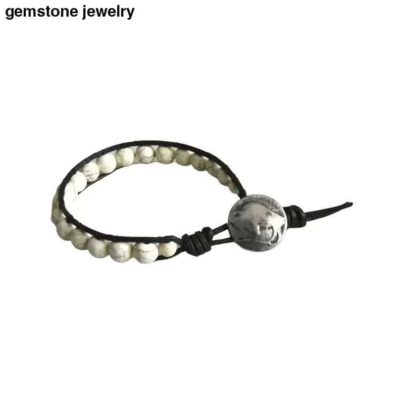 Turquoise Bracelet with Brown Leather and Beaded Gemstones - Bec Sue Jewelry Shop