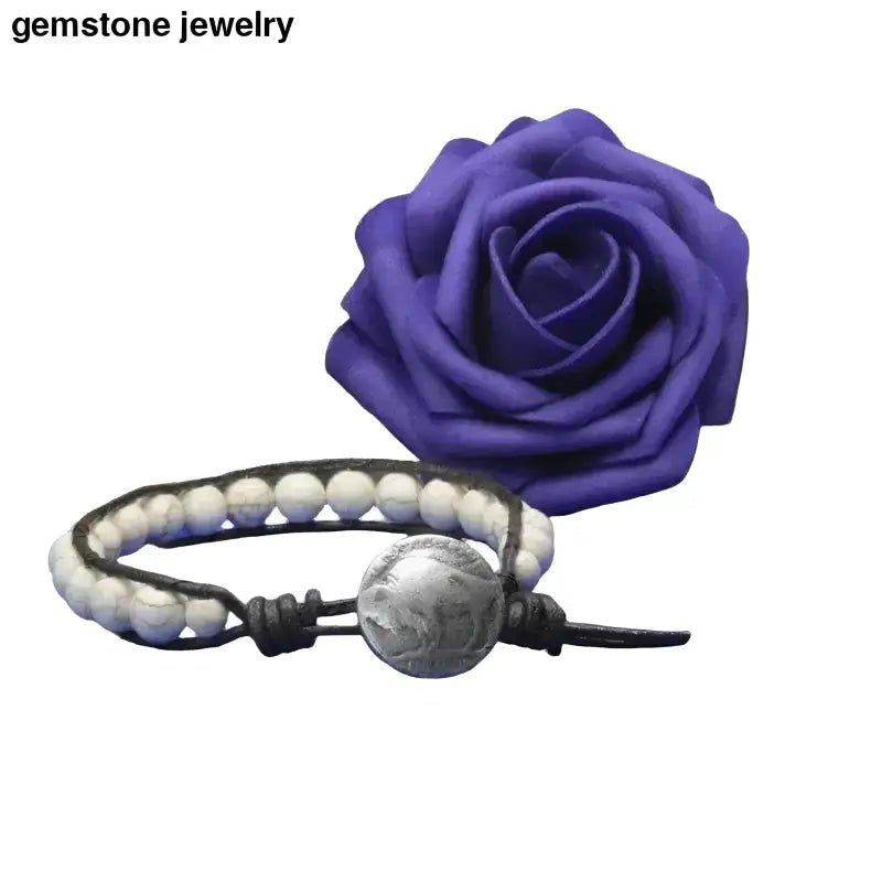 Turquoise Bracelet with Brown Leather and Beaded Gemstones - Bec Sue Jewelry Shop