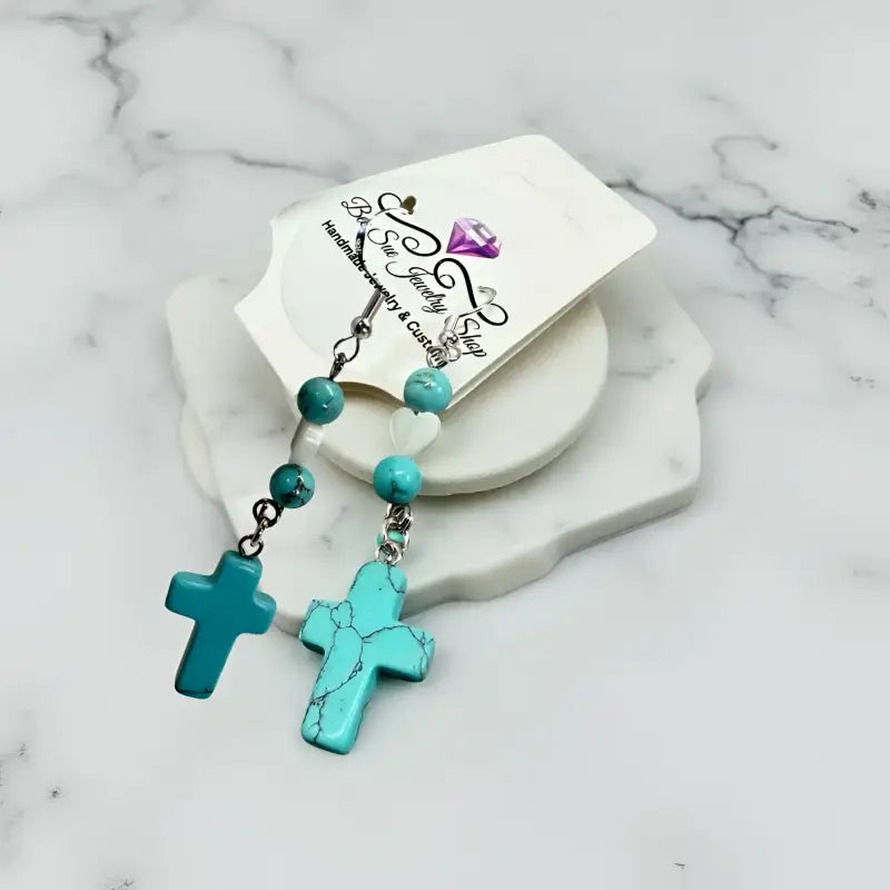 Turquoise Cross Earring with Heart Shape Design - earrings