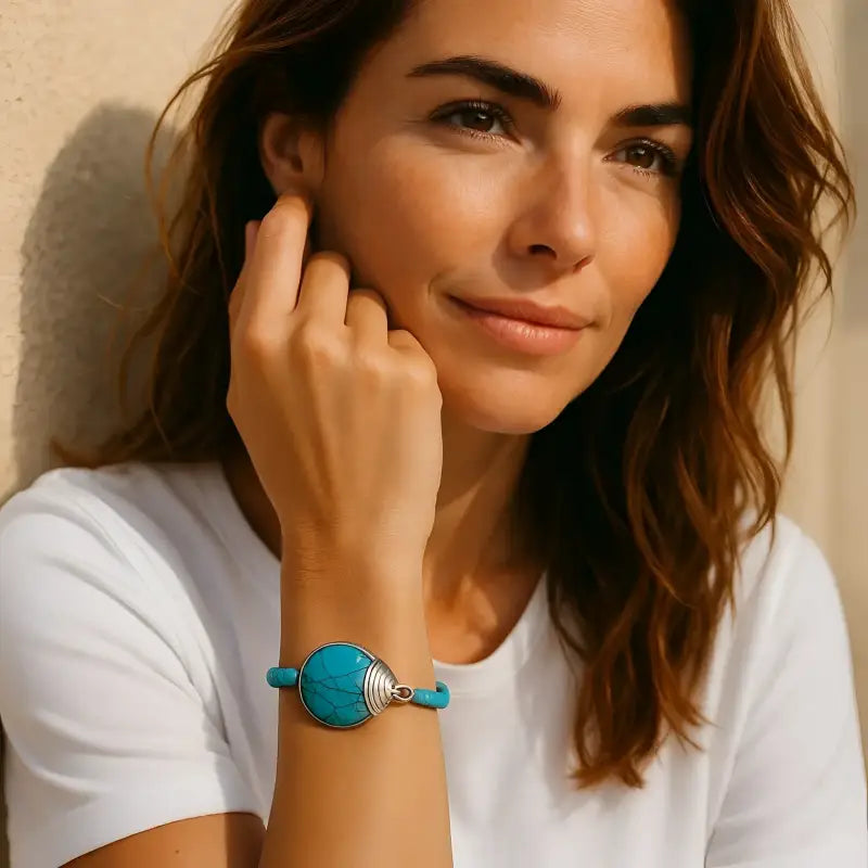 Handmade turquoise blue bracelet with wire-wrapped centerpiece, perfect for her be cuz jewelry