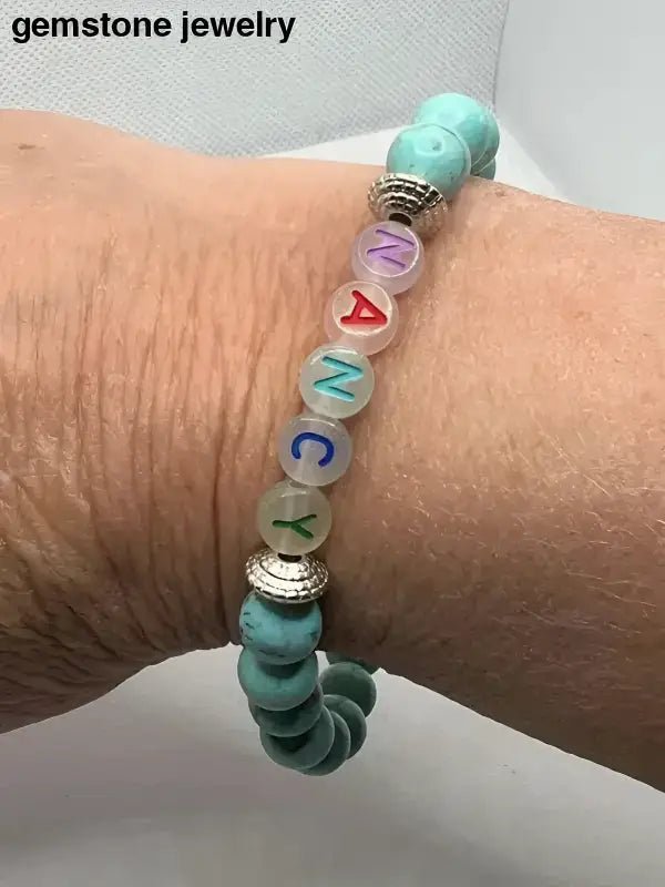 Turquoise Healing Stone Beaded Bracelet with Name - Bec Sue Jewelry Shop